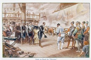 Sir Francis Drake (1540-96 körül) a "Revenge" fedélzetén, illusztráció a Richard Wilson által szerkesztett "Lives of Great Men Told by Great Men" című könyvből, 1920-as évek körül.